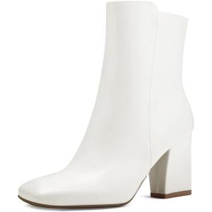 imagemysoft Womens Ankle Boots Square Toe Side Zipper GoGo Boots Chunky Block Heel Mid Calf Low Heeled Short BootiesWhite Pu