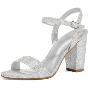 imagemysoft Womens Chunky Block Heels 35IN Open Toe Ankle Strap High Heeled Sandals Wedding Party Dress Pump ShoesSilver Glitter