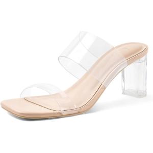 imagemysoft Clear Heels for Women Transparent Two Strap Block Chunky Square Heel Sandals Open Toe Slip On SandalsNude Pu