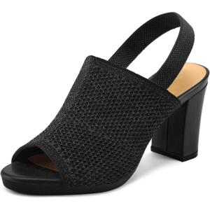 imagemysoft Womens Knit Chunky Block High Heels Elastic Slingback Open Toe 3 Inch Heeled SandalsMottled Black