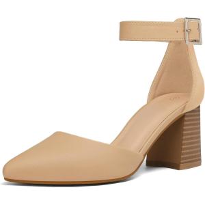 imagemysoft Womens Pointed Toe Low Chunky Heels Closed Toe Ankle Strap Dress Pump Shoes  Available in Wide SizesAlmond