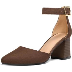 imagemysoft Womens Pointed Toe Low Chunky Heels Closed Toe Ankle Strap Dress Pump Shoes  Available in Wide SizesBrown Suede