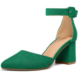 imagemysoft Womens Pointed Toe Low Chunky Heels Closed Toe Ankle Strap Dress Pump Shoes  Available in Wide SizesGreen Suede