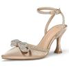 imagemysoft Womens Rhinestone Bow Pumps Wedding Dress Shoes Pointed Toe Ankle Strap Kitten HeelsChampagne Satin