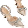 imagemysoft Womens Rhinestone Bow Pumps Wedding Dress Shoes Pointed Toe Ankle Strap Kitten HeelsChampagne Satin
