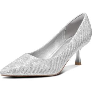 imagemysoft Kitten Heels for Women Low Heel Pumps 2 Inch Closed Toe Wedding Dress ShoesSilver