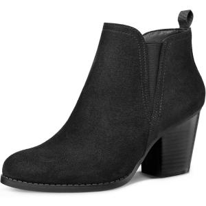 imagemysoft Womens Ankle Boots V Cut Side Elastic Panel Stacked Chunky Heel Booties with Side ZipperBlack Suede