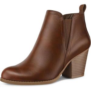 imagemysoft Womens Ankle Boots V Cut Side Elastic Panel Stacked Chunky Heel Booties with Side ZipperBrown