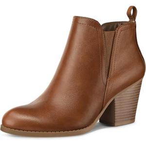 imagemysoft Womens Ankle Boots V Cut Side Elastic Panel Stacked Chunky Heel Booties with Side ZipperTan Pu