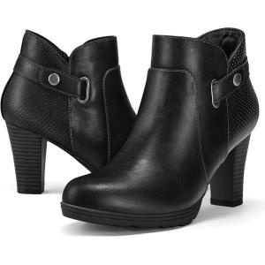 imagemysoft Womens Zipper Booties Chunky Stacked Heel Ankle Boots Buckle Strap AnkleBlack Pu