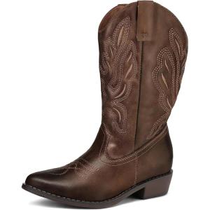imagemysoft Womens Wide Calf Cowboy Boots PullOn MidCalf Embroidered Pointed Toe Retro Western BootsDark Brown