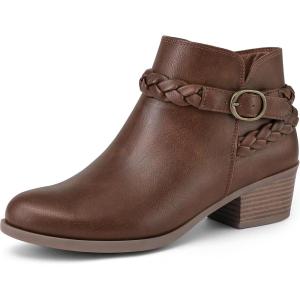 imagemysoft Womens Ankle Boots Low Chunky Heel Round Toe Wide Width Short Booties Side ZipperBrown Pu