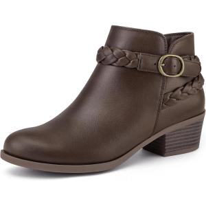 imagemysoft Womens Ankle Boots Low Chunky Heel Round Toe Wide Width Short Booties Side ZipperDark Brown Pu