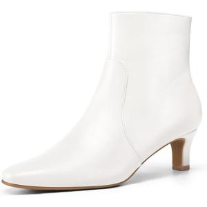 imagemysoft Womens Kitten Heel Ankle Boots Square Toe Booties Comfortable Dress Shoes with Side ZipperWhite Pu