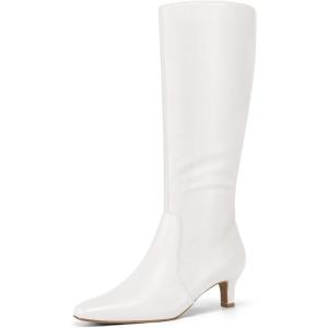 imagemysoft Womens Knee High Boots Kitten Heel Square Toe Fashion Tall Boots Side Zipper Long BootsWhite Pu