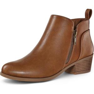 imagemysoft Womens Ankle Boots Low Chunky Heel Round Toe Casual Comfortable Short Booties with Side ZipperCognac Pu