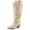 imagemysoft Womens Wide Calf Knee High Boots Cowgirl Low Chunky Stacked Heel Wide Width Pointed Toe Slouchy Tall Boots with ZippersBeige Wide Calf