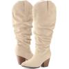imagemysoft Womens Wide Calf Knee High Boots Cowgirl Low Chunky Stacked Heel Wide Width Pointed Toe Slouchy Tall Boots with ZippersBeige Wide Calf