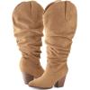 imagemysoft Womens Wide Calf Knee High Boots Cowgirl Low Chunky Stacked Heel Wide Width Pointed Toe Slouchy Tall Boots with ZippersTan Extra Wide Calf