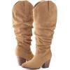 imagemysoft Womens Wide Calf Knee High Boots Cowgirl Low Chunky Stacked Heel Wide Width Pointed Toe Slouchy Tall Boots with ZippersTan Wide Calf