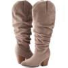 imagemysoft Womens Wide Calf Knee High Boots Cowgirl Low Chunky Stacked Heel Wide Width Pointed Toe Slouchy Tall Boots with ZippersTaupe Wide Calf