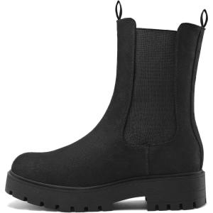 imagemysoft Womens Chelsea Boots Mid Calf Lug Sole Platform Chunky Heel Slip On Combat Fall Ankle BootiesBlack Nubuck