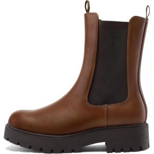 imagemysoft Womens Chelsea Boots Mid Calf Lug Sole Platform Chunky Heel Slip On Combat Fall Ankle BootiesBrown
