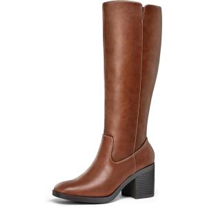 imagemysoft Womens Knee High Boots Square Toe Chunky Block Stacked Heel Tall Boots with Side ZipperBrown