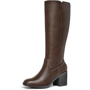 imagemysoft Womens Knee High Boots Square Toe Chunky Block Stacked Heel Tall Boots with Side ZipperDark Brown