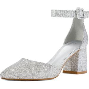 imagemysoft Womens Pointed Toe Low Chunky Heels Closed Toe Ankle Strap Dress Pump Shoes  Available in Wide SizesSilver Glitter