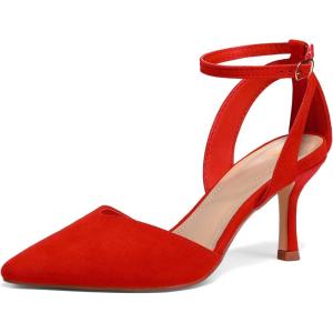 imagemysoft Womens Pumps Shoes Pointed Toe Kitten Low Heels Stiletto Ankle Strap Closed Toe Wedding Party Dress SandalsRed Suede