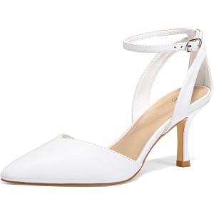 imagemysoft Womens Pumps Shoes Pointed Toe Kitten Low Heels Stiletto Ankle Strap Closed Toe Wedding Party Dress SandalsWhite Pu