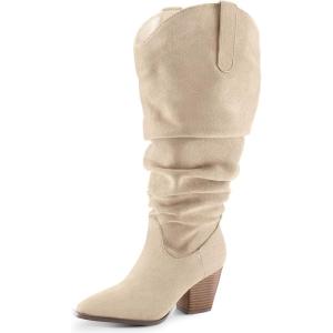 imagemysoft Womens Wide Calf Knee High Boots Cowgirl Low Chunky Stacked Heel Wide Width Pointed Toe Slouchy Tall Boots with ZippersBeige Extra Wide Calf