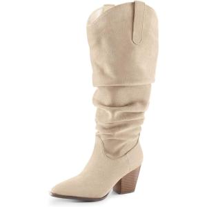 imagemysoft Womens Wide Calf Knee High Boots Cowgirl Low Chunky Stacked Heel Wide Width Pointed Toe Slouchy Tall Boots with ZippersBeige Wide Calf