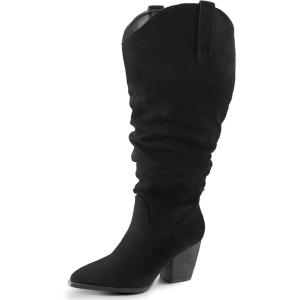 imagemysoft Womens Wide Calf Knee High Boots Cowgirl Low Chunky Stacked Heel Wide Width Pointed Toe Slouchy Tall Boots with ZippersBlack Extra Wide Calf