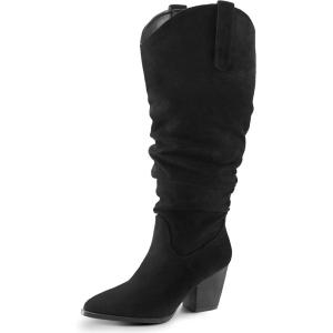 imagemysoft Womens Wide Calf Knee High Boots Cowgirl Low Chunky Stacked Heel Wide Width Pointed Toe Slouchy Tall Boots with ZippersBlack Wide Calf