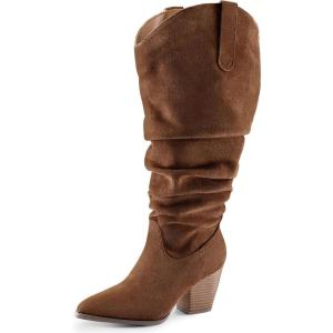 imagemysoft Womens Wide Calf Knee High Boots Cowgirl Low Chunky Stacked Heel Wide Width Pointed Toe Slouchy Tall Boots with ZippersBrown Extra Wide Calf