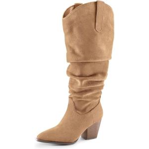 imagemysoft Womens Wide Calf Knee High Boots Cowgirl Low Chunky Stacked Heel Wide Width Pointed Toe Slouchy Tall Boots with ZippersTan Wide Calf