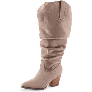 imagemysoft Womens Wide Calf Knee High Boots Cowgirl Low Chunky Stacked Heel Wide Width Pointed Toe Slouchy Tall Boots with ZippersTaupe Extra Wide Calf