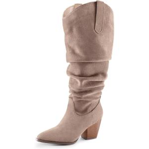 imagemysoft Womens Wide Calf Knee High Boots Cowgirl Low Chunky Stacked Heel Wide Width Pointed Toe Slouchy Tall Boots with ZippersTaupe Wide Calf
