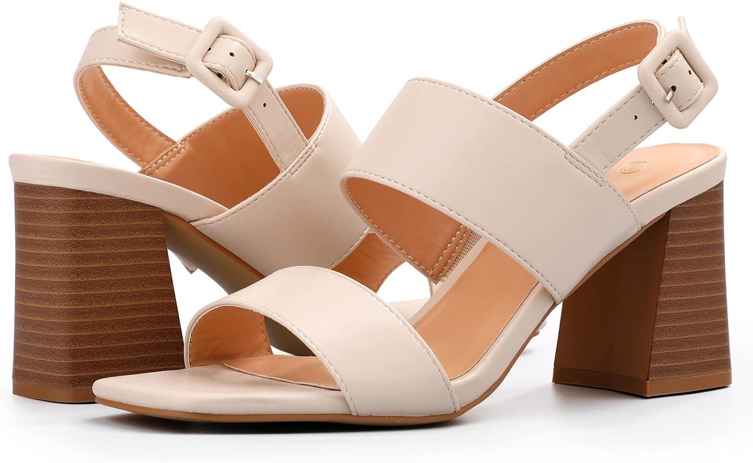 imagemysoft Womens Block Heels Chunky Square Open Toe Sandals Ankle Strap Stacked 3 inch Heeled Dress ShoesNude