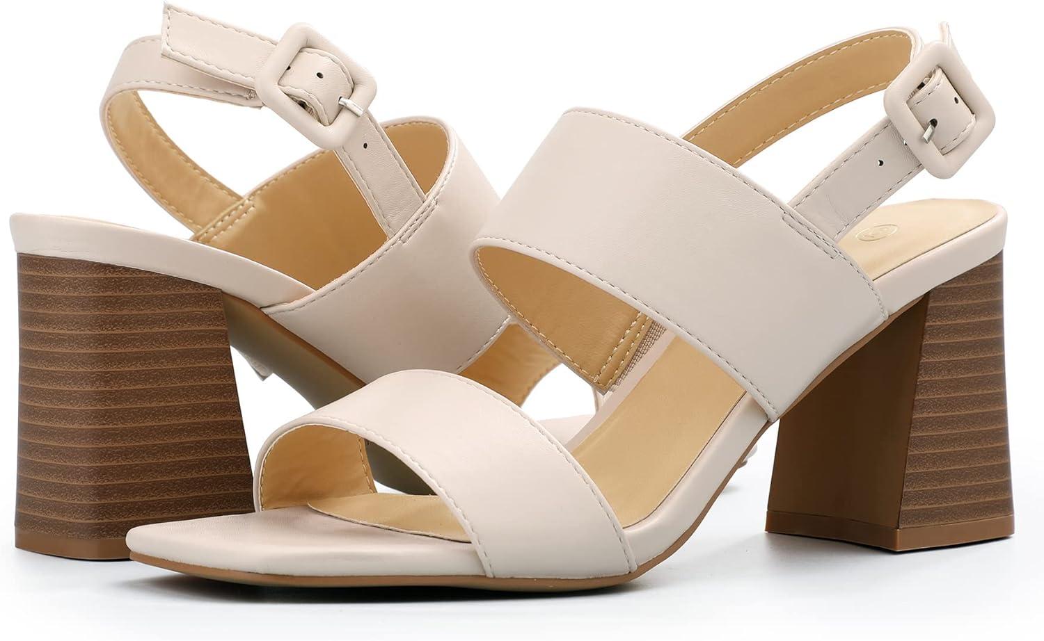 imagemysoft Womens Block Heels Chunky Square Open Toe Sandals Ankle Strap Stacked 3 inch Heeled Dress ShoesNude