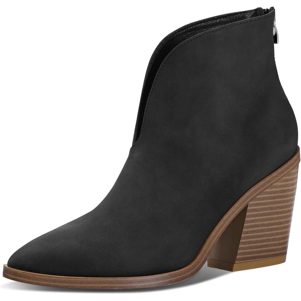 imagemysoft Womens V Cut Out Ankle Boots Slip On Pointed Toe Chunky Stacked Heel Booties