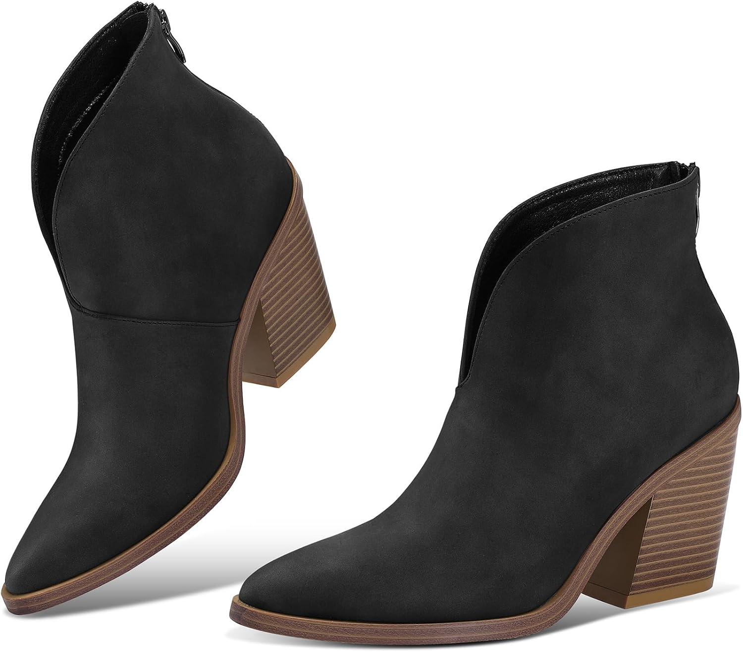 imagemysoft Womens V Cut Out Ankle Boots Slip On Pointed Toe Chunky Stacked Heel Booties