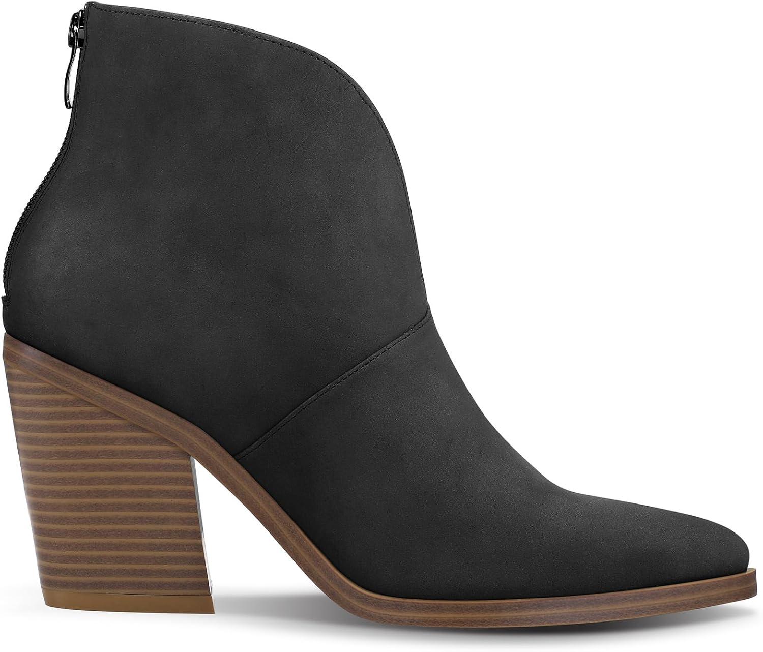 imagemysoft Womens V Cut Out Ankle Boots Slip On Pointed Toe Chunky Stacked Heel Booties