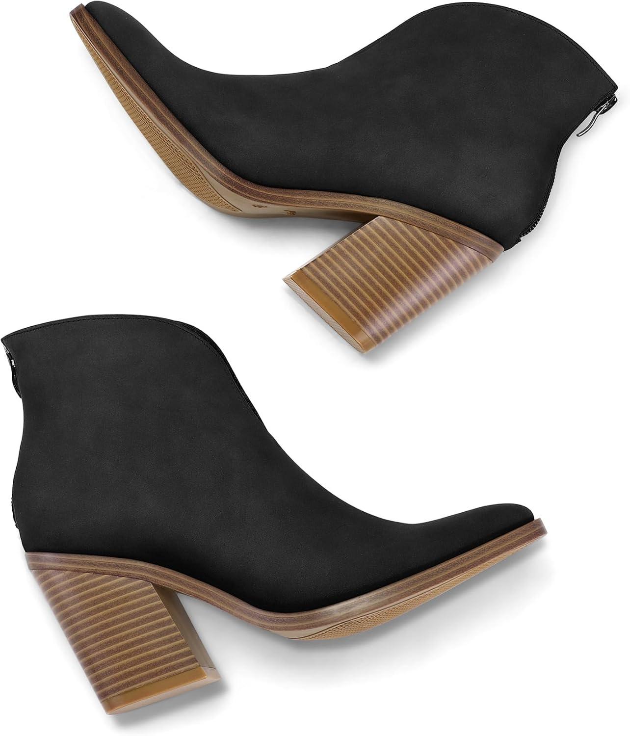 imagemysoft Womens V Cut Out Ankle Boots Slip On Pointed Toe Chunky Stacked Heel Booties