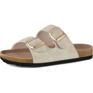 imagemysoft Womens Flat Sandals Cork Footbed Slides 2 Straps Adjustable Buckle Slip On Summer with Comfort ShoesPale Stone