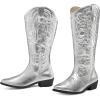 imagemysoft Womens Wide Calf Cowboy Boots Pull on Cowgirl Embroidered Mid Calf Pointed Toe Chunky Heel Western BootsSilver