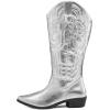 imagemysoft Womens Wide Calf Cowboy Boots Pull on Cowgirl Embroidered Mid Calf Pointed Toe Chunky Heel Western BootsSilver