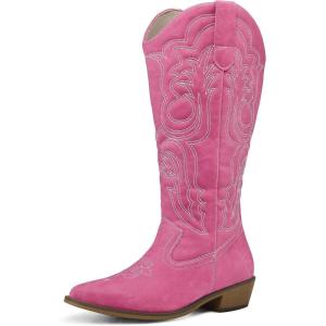imagemysoft Womens Wide Calf Cowboy Boots Pull on Cowgirl Embroidered Mid Calf Pointed Toe Chunky Heel Western BootsPink